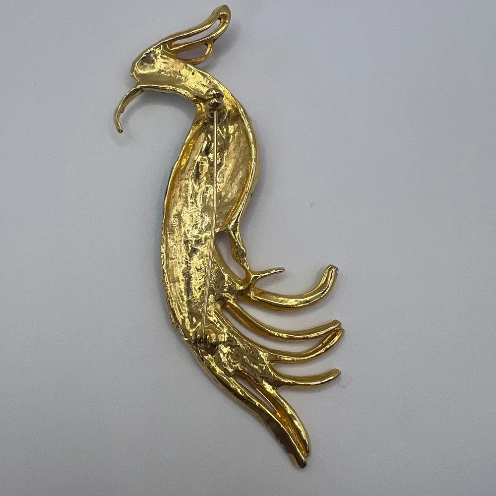 Vintage Phoenix Bird Brooch Gold Tone Red Green Enamel Rhinestone Long Tail Pin